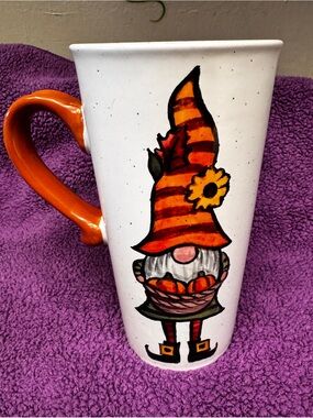 Sheffield Home White Tall Mug with Orange Handle and Autumn Gnome Design